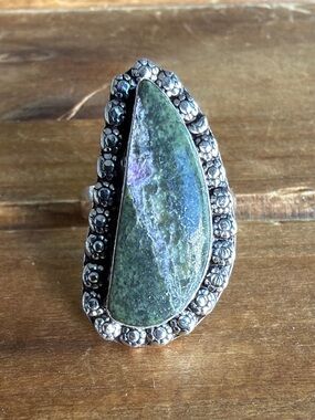 Women Jewelry Serpentine Gemstone Ring Size 6.5 Silver 925 Vintage Bohemian Boho